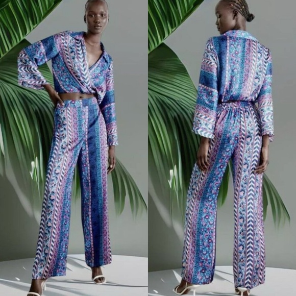 🦋 ZARA BOHO BLUE MULTI TRIBAL SATIN WIDE LEG HIGH WAIST PANTS! - Picture 7 of 16